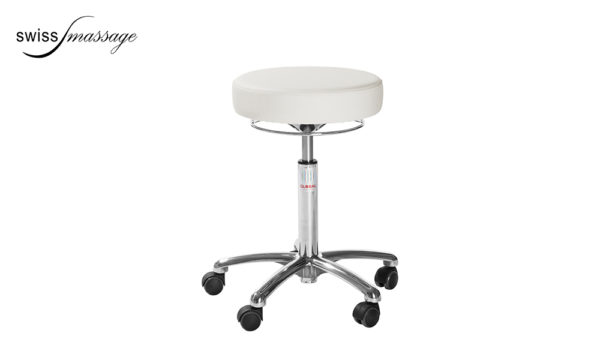 Tabouret médical blanc à roulettes avec une assise ronde